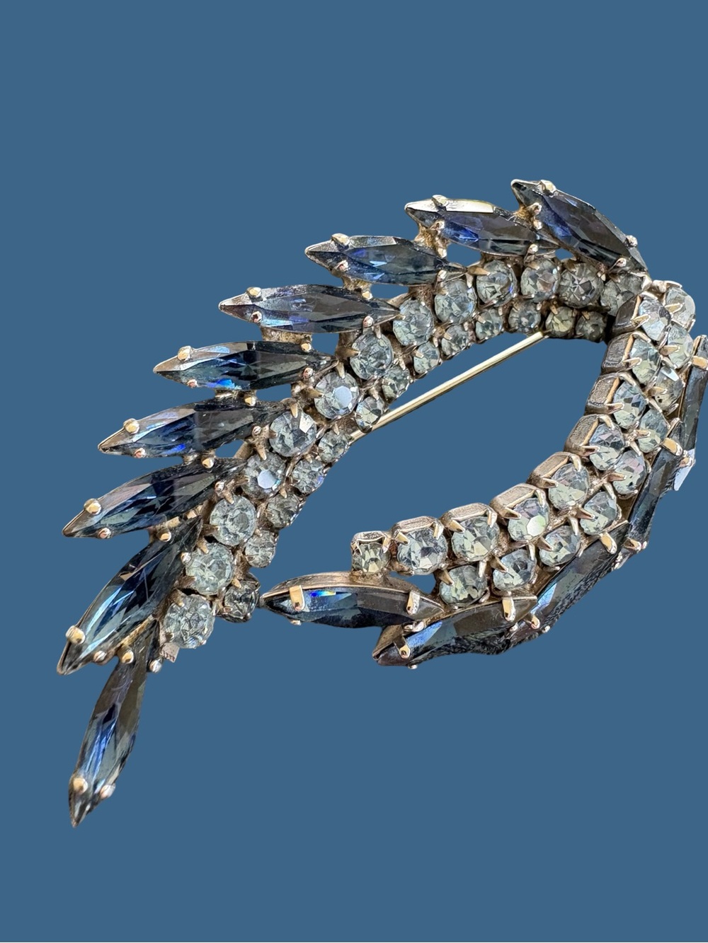 Vintage Crystal and Sapphire Blue Leaf Cluster Brooch unsigned
